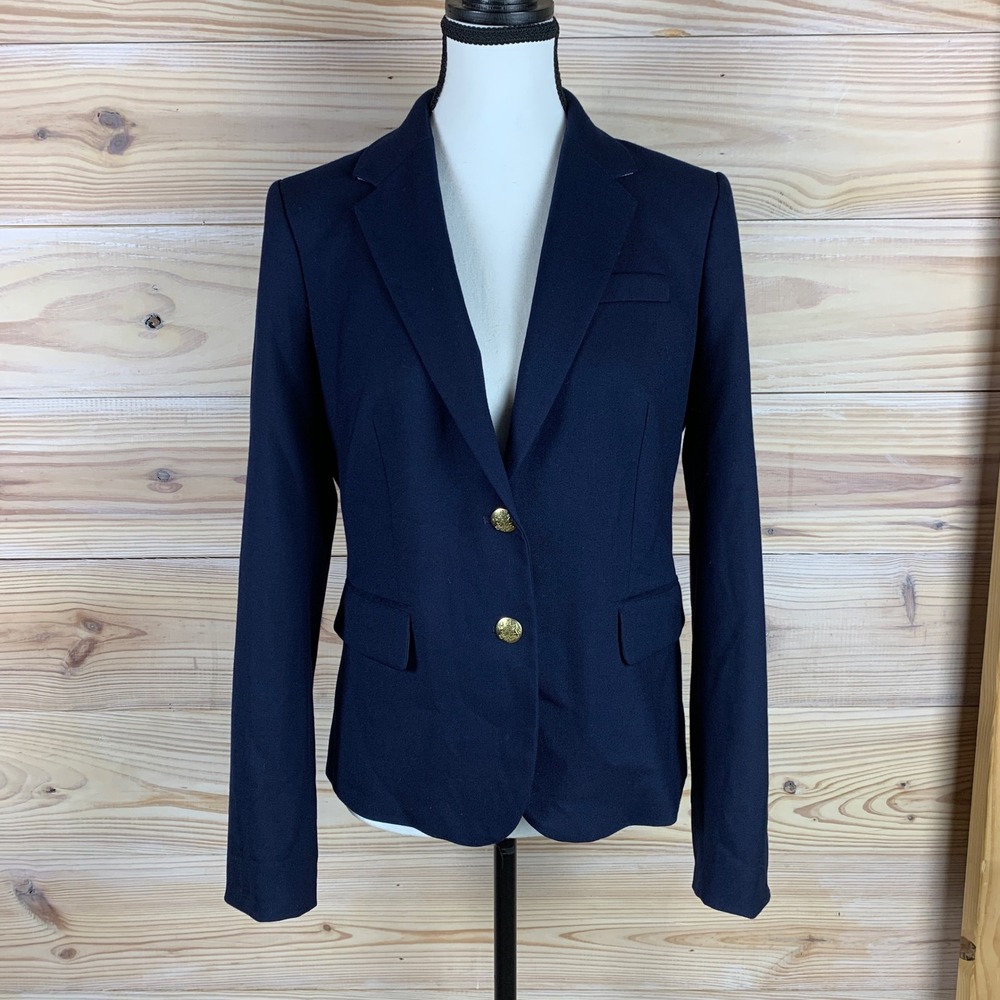 J.Crew Blazer Womens 6 Navy Gold Button Wool Blend AZ565 Schoolboy Career Jacket